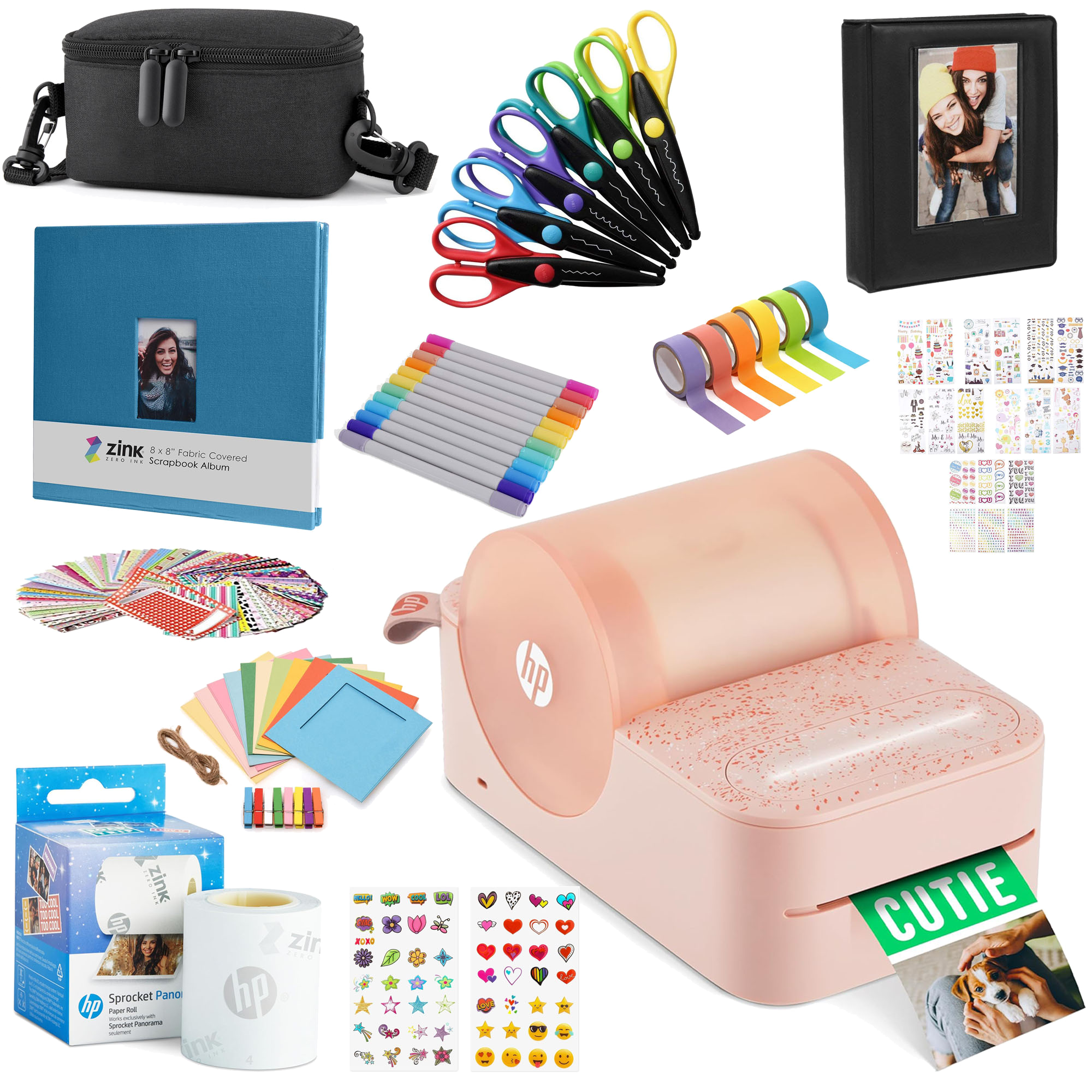 HP Sprocket Panorama Instant Portable Color Label & Photo Printer (Pink) Craft Bundle